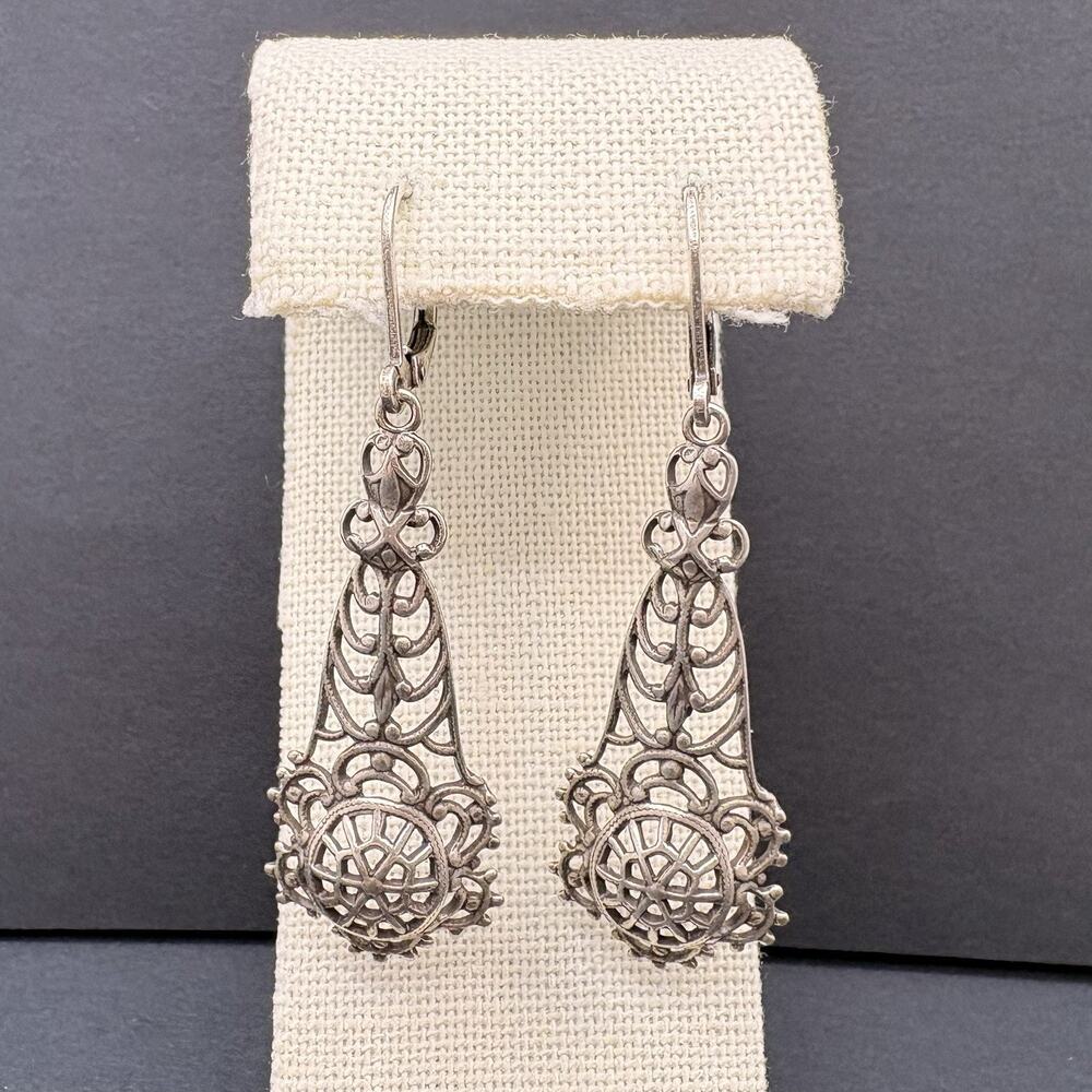 Kirks Folly Filigree Silver Tone Dangle Leverback Earrings Victorian Style
